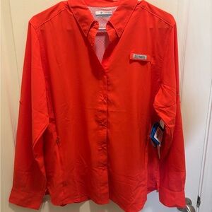 Columbia Bright Red Button-Up Tamiami Performance Fishing Shirt Long Sleeve New